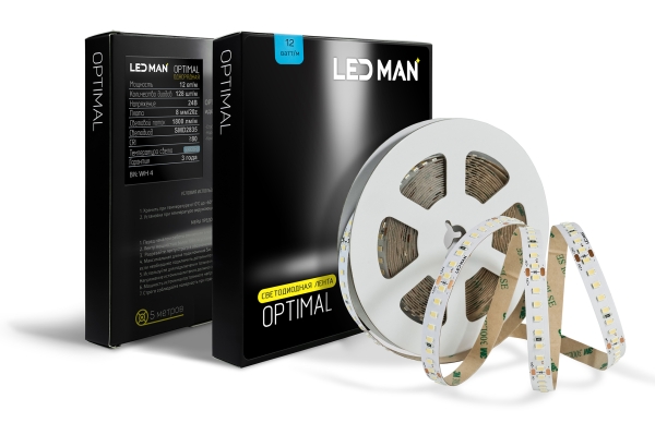 LED MAN, 2835 Лента св/д OPTIMAL, 12вт/м, 128д/м, 24В, 6000K, 3М 9495, 2Oz, 8мм, 5м/кат