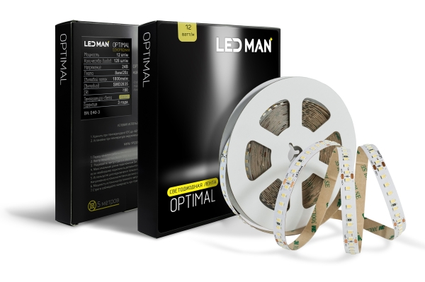 LED MAN, 2835 Лента св/д OPTIMAL, 12вт/м, 128д/м, 24В, 4000K, 3М 9495, 2Oz, 8мм, 5м/кат