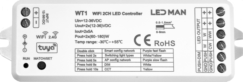 LED MAN, SKY Контроллер диммер WT1, Wi Fi, 2CH (SINGLE, CCT) 10A