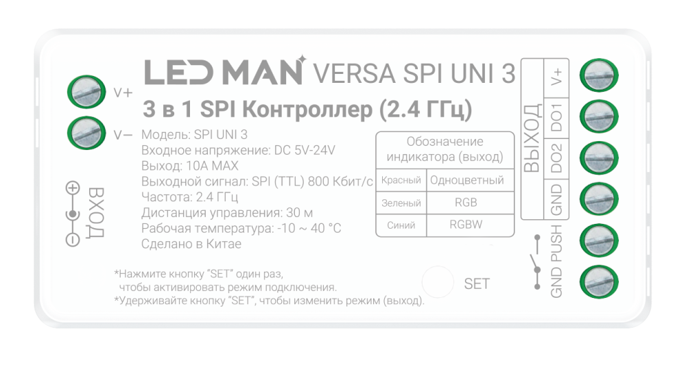 VERSA  RF UNI SPI 3, Контроллер 3 в 1, Одноцветный (2048pix) / RGB(1536pix) / RGBW(1024pix), 5-24V, 10A, 2.4Гц